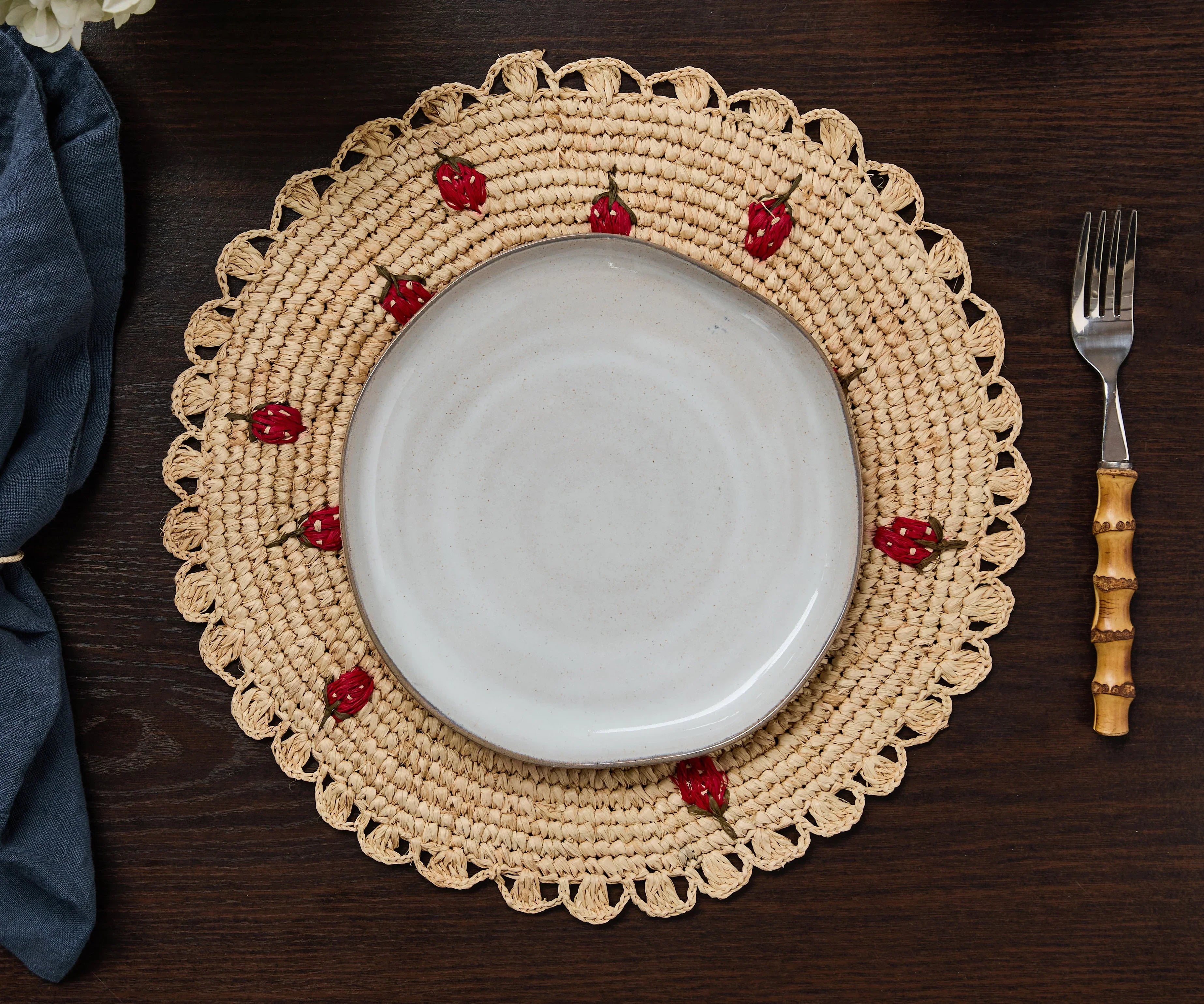 Scattered Strawberry Hand-Crocheted Raffia Palm Round Placemat - The Mayfair Hall