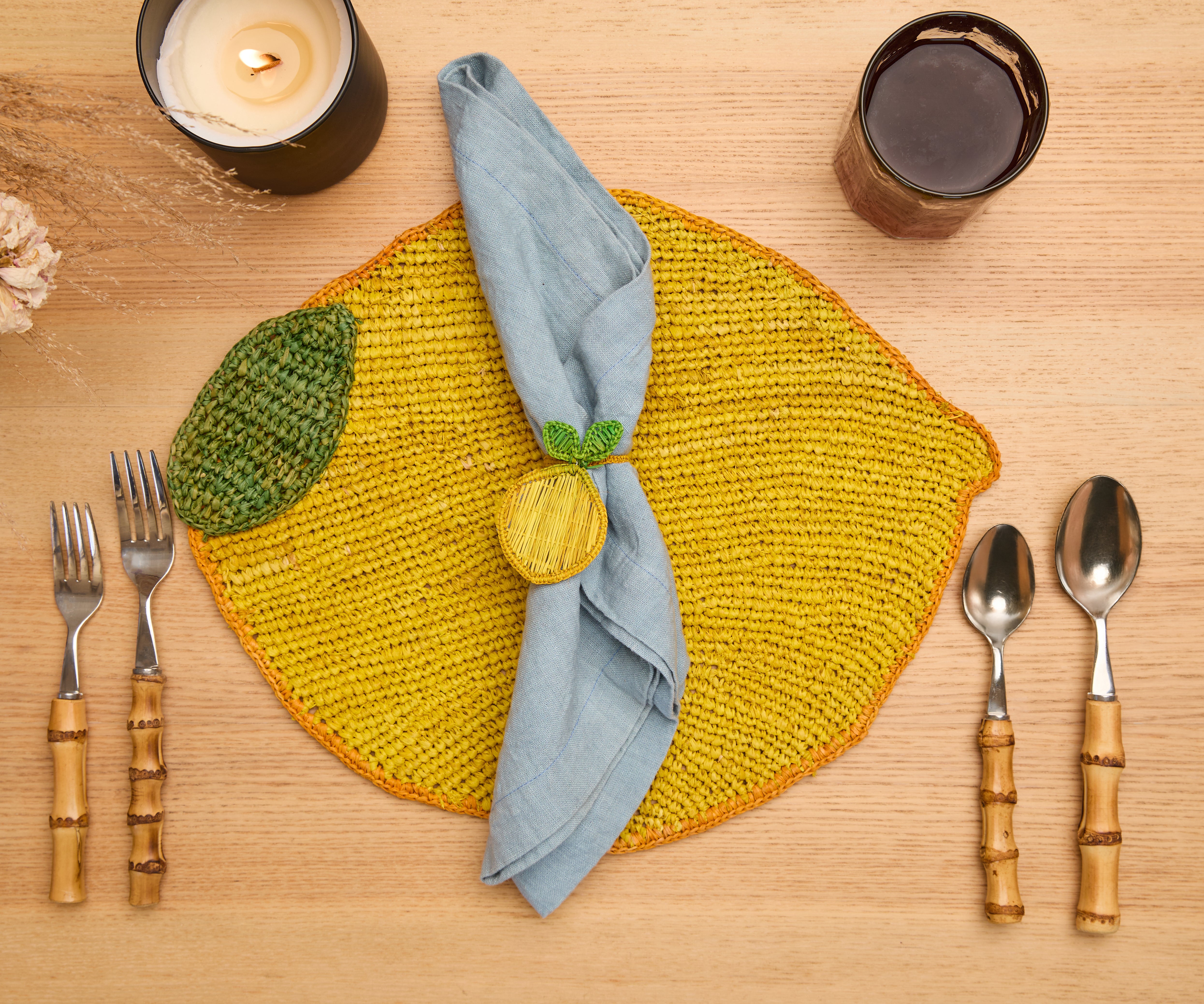 Handwoven Lemon Placemat – Raffia Fruit Shaped Table Mat, Summer Table Decor