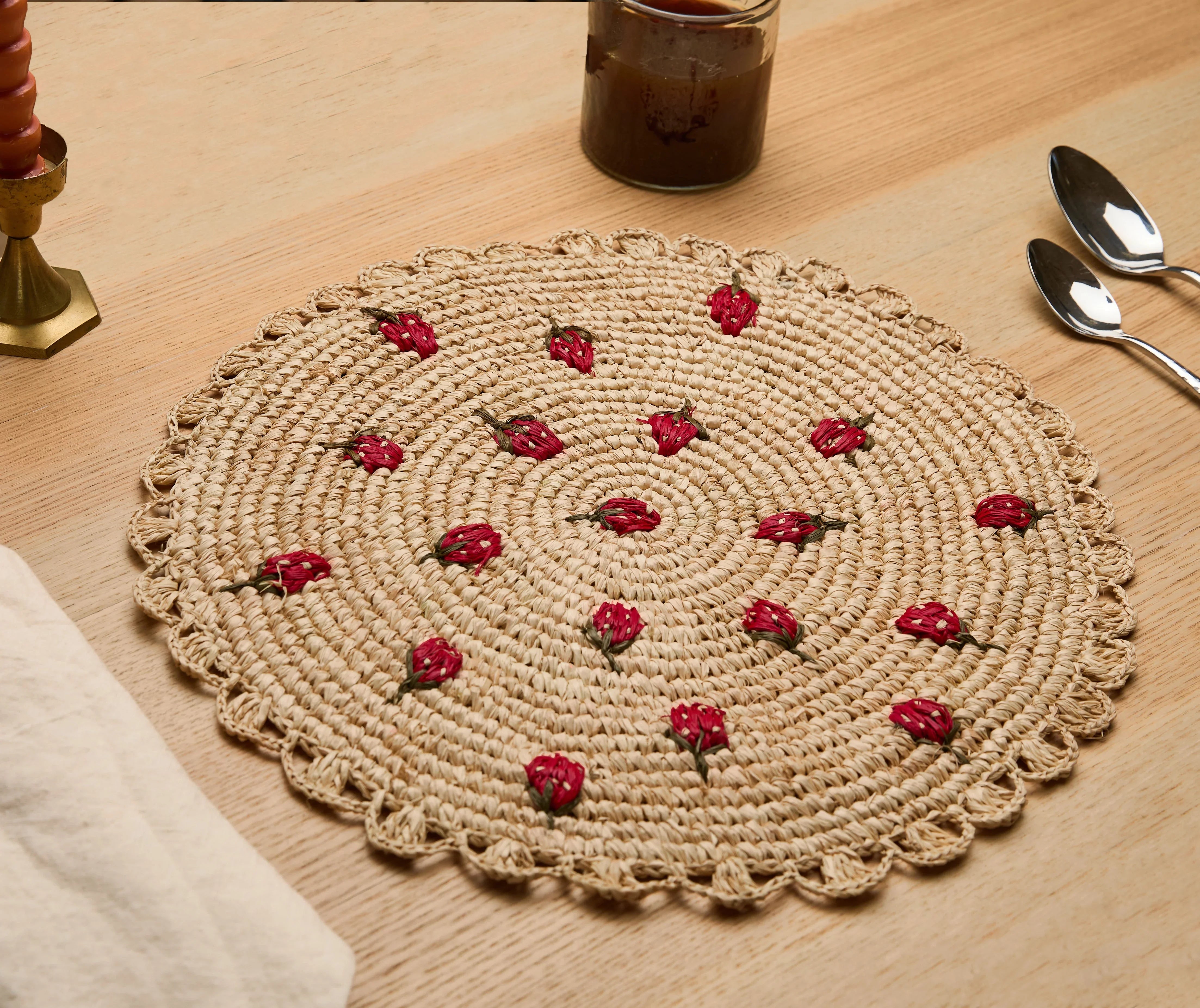 Scattered Strawberry Hand-Crocheted Raffia Palm Round Placemat - The Mayfair Hall