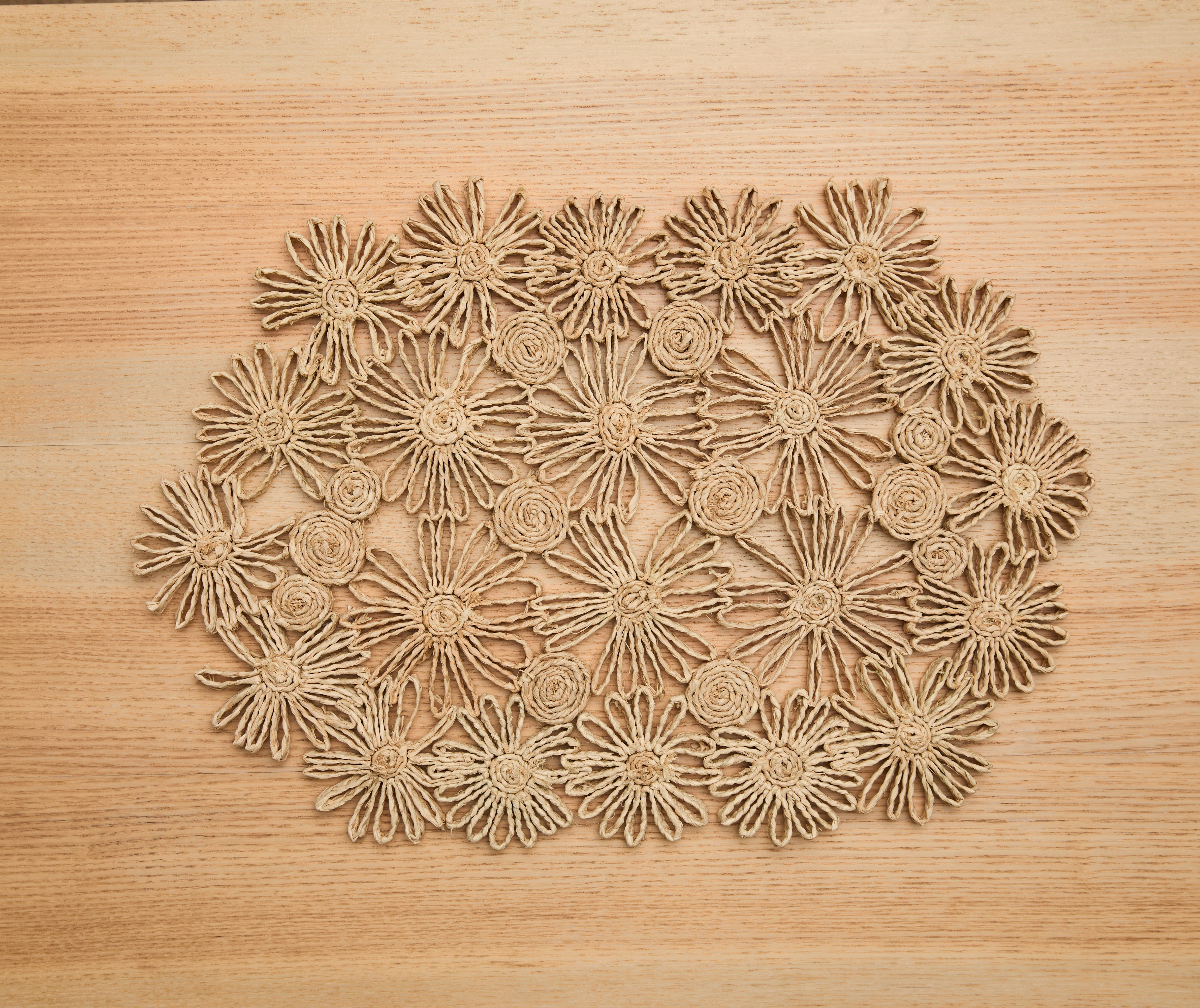 Fleur Raffia Placemat in Natural with Flowers Woven Tabletop