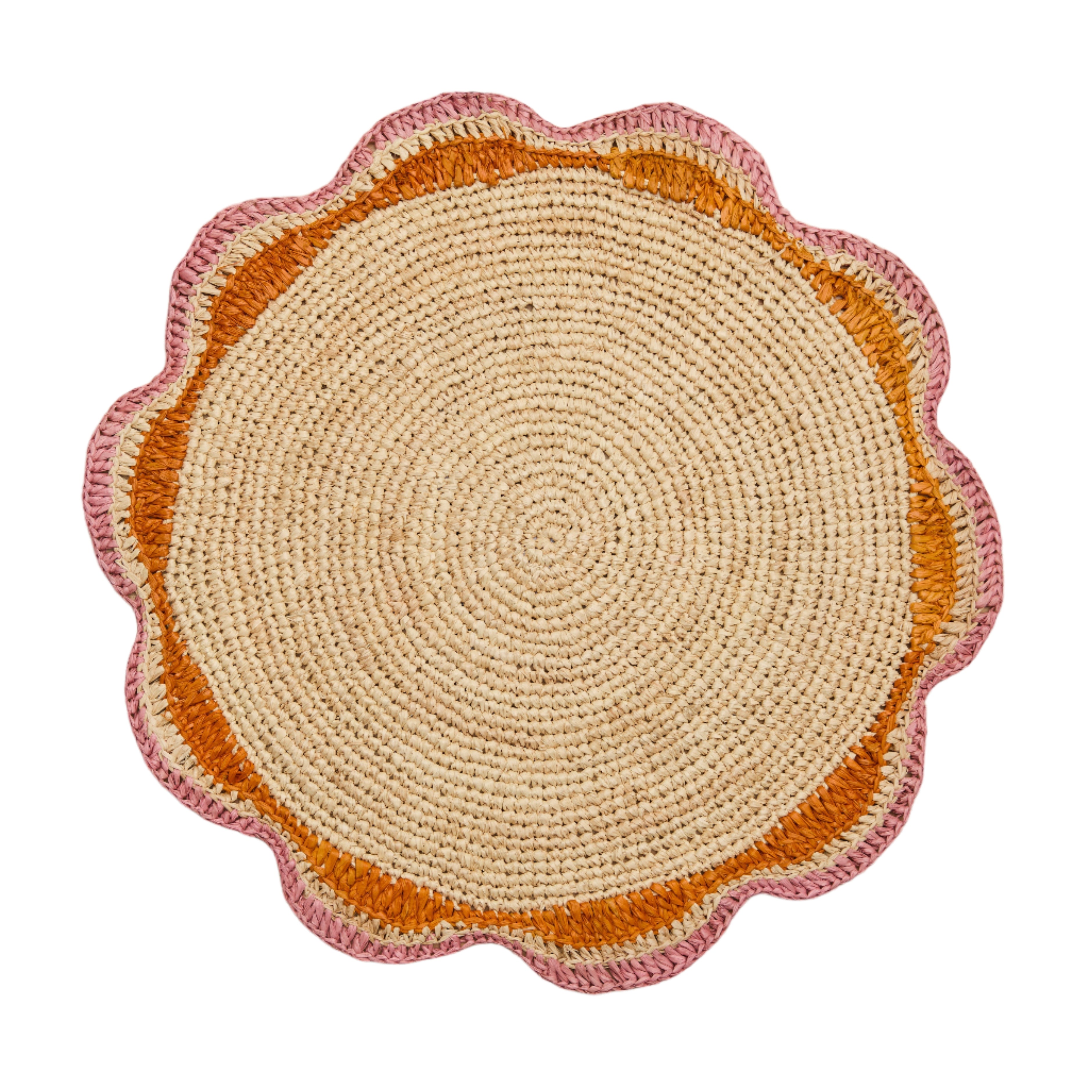 Round Pink Raffia Placemat – 14” Handwoven Crochet – Garden Party & Summer Table Decor