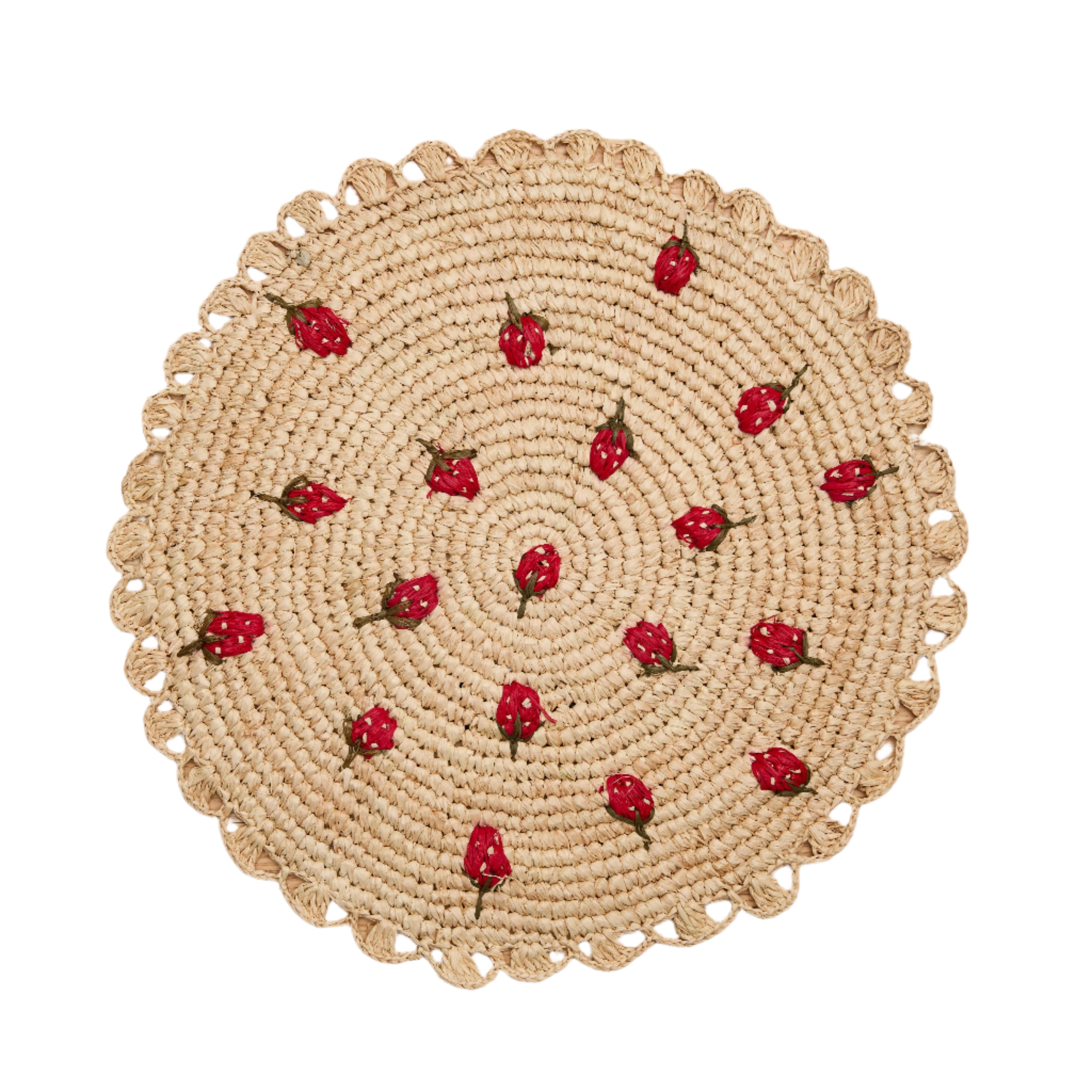 Scattered Strawberry Hand-Crocheted Raffia Palm Round Placemat