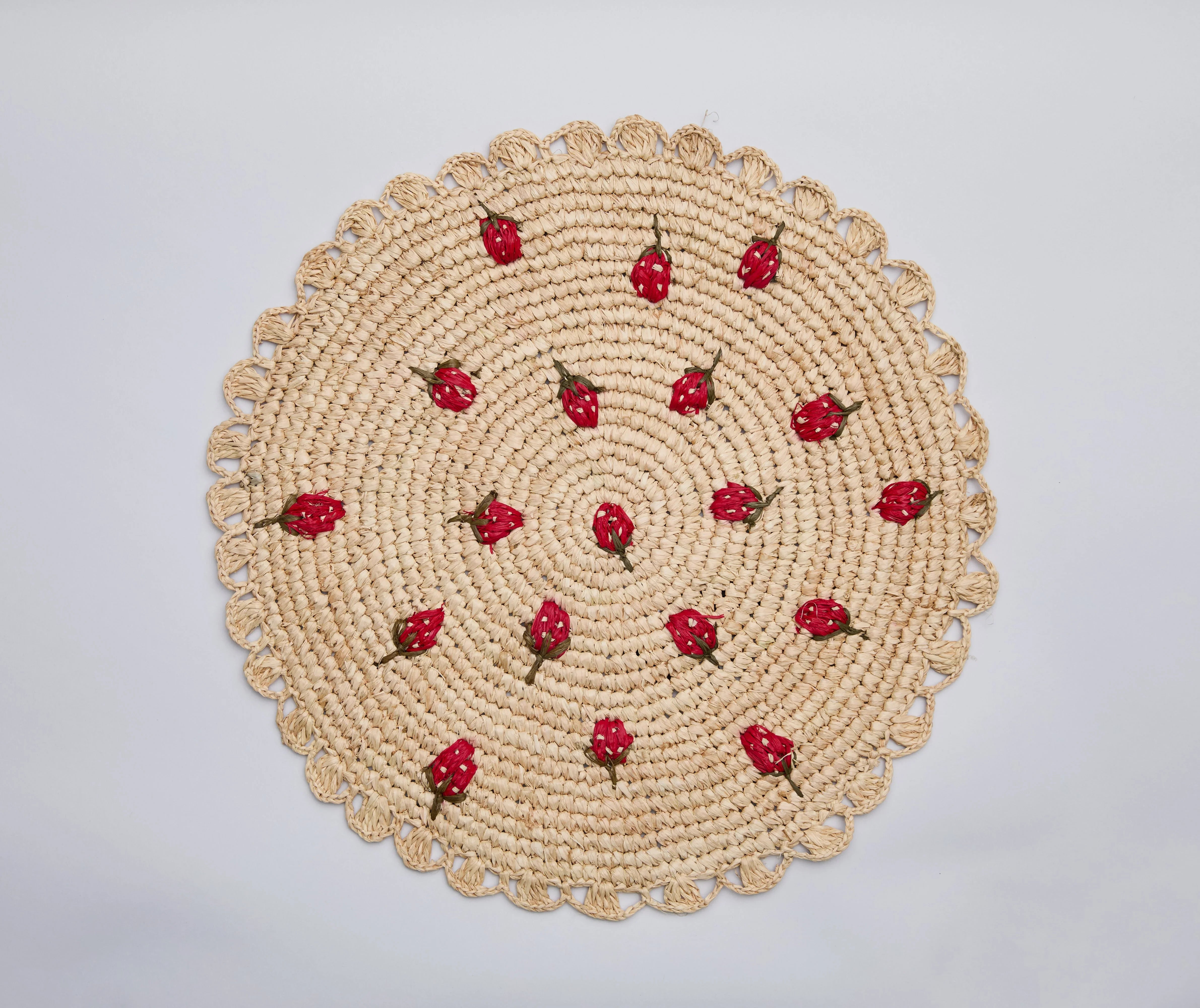 Scattered Strawberry Hand-Crocheted Raffia Palm Round Placemat - The Mayfair Hall