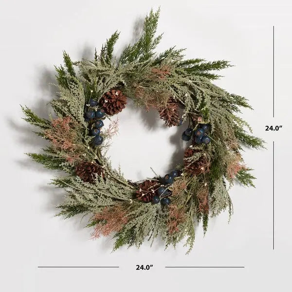 Faux 24 Inch Pine Wreath W/ Pine Cones & Blueberries - The Mayfair Hall