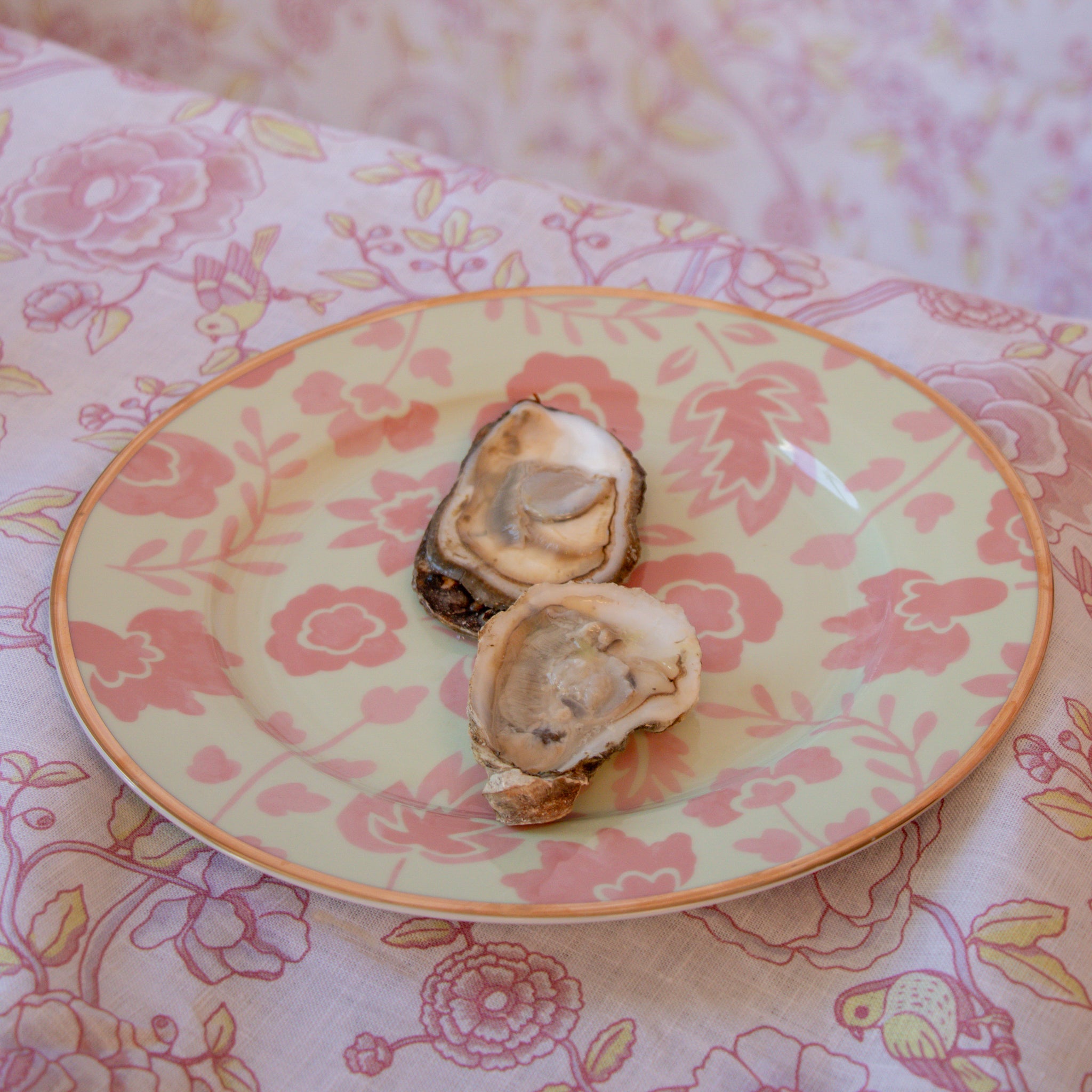 Leaf Dinner Plate in Pistachio and Lychee with Gold Handpainted Rim (Set of 4)