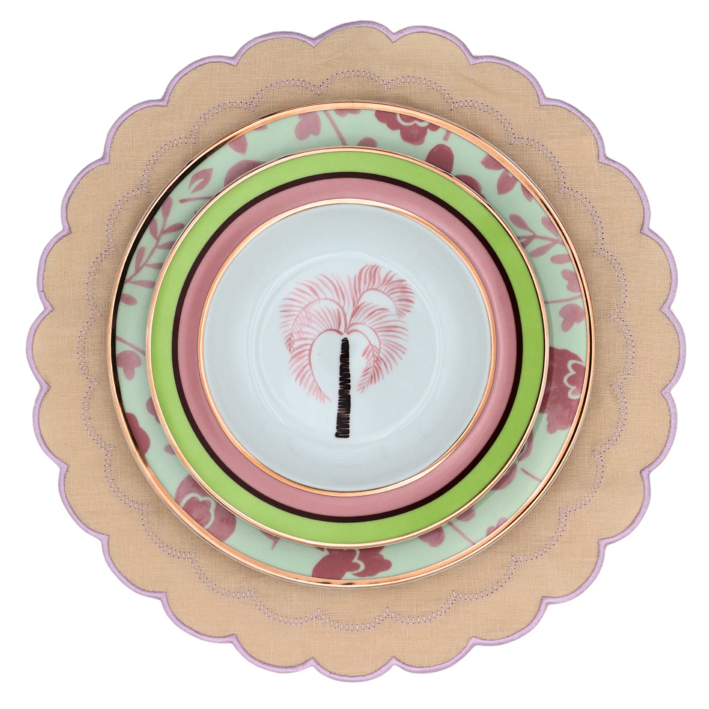 Leaf Dinner Plate in Pistachio and Lychee with Gold Handpainted Rim (Set of 4)