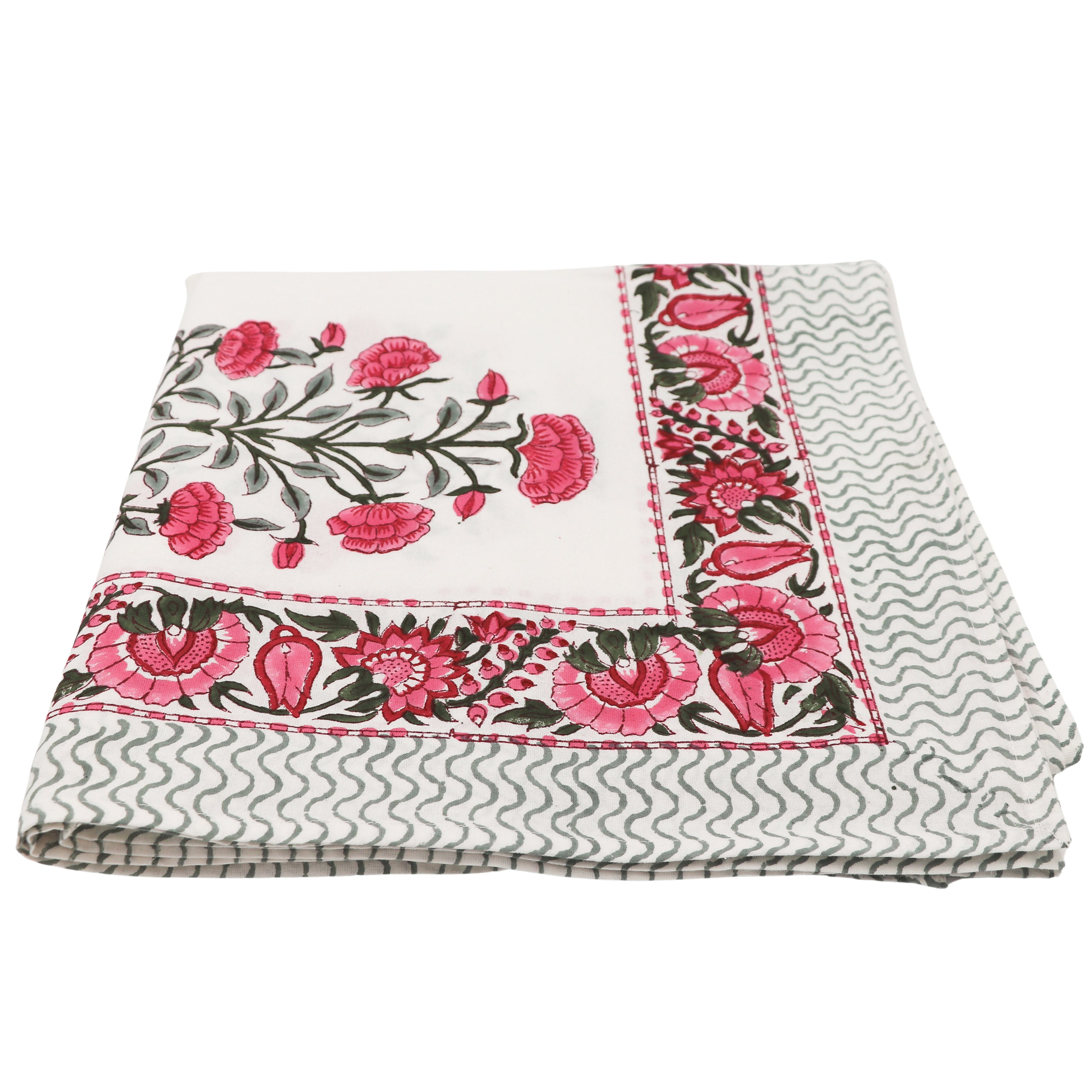 Rose Garden Cotton Tablecloth in White with Pink and Green Hand-Printed Design