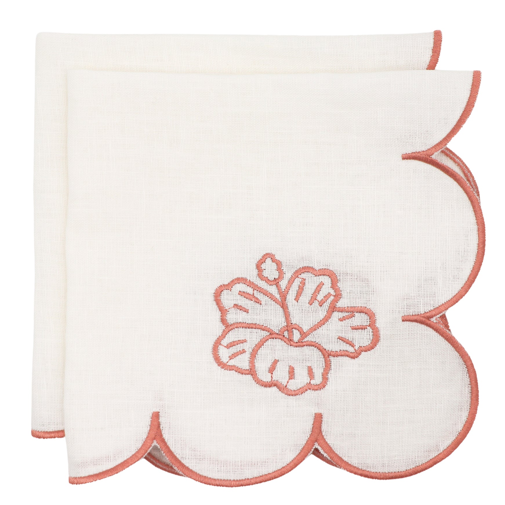 Rosette Linen Napkin in Ivory with Pink Embroidery and Trim (Set of 4)