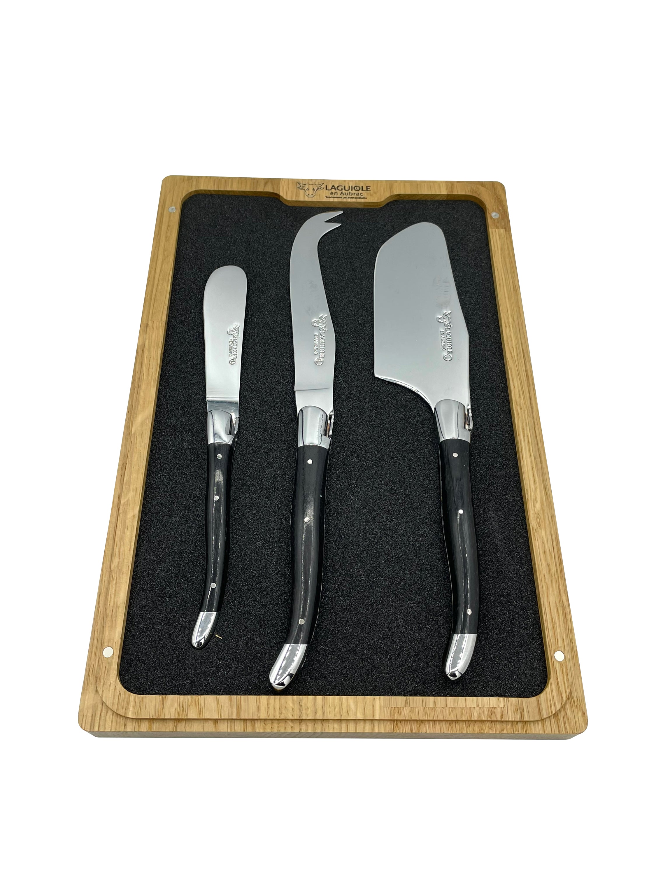 Laguiole en Aubrac Handcrafted 3-Piece Cheese Knife Set with Ebony Wood Handles