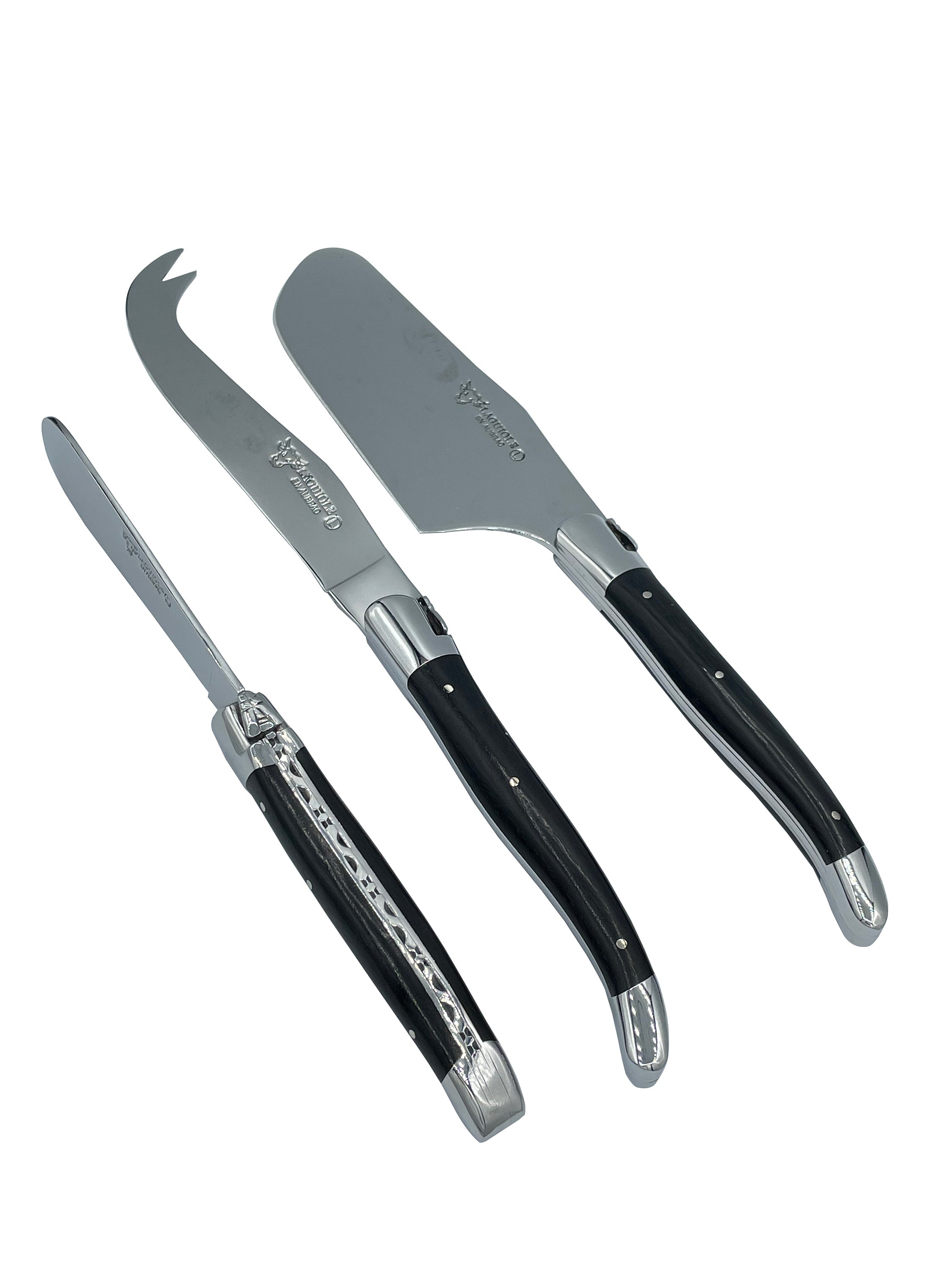Laguiole en Aubrac Handcrafted 3-Piece Cheese Knife Set with Ebony Wood Handles