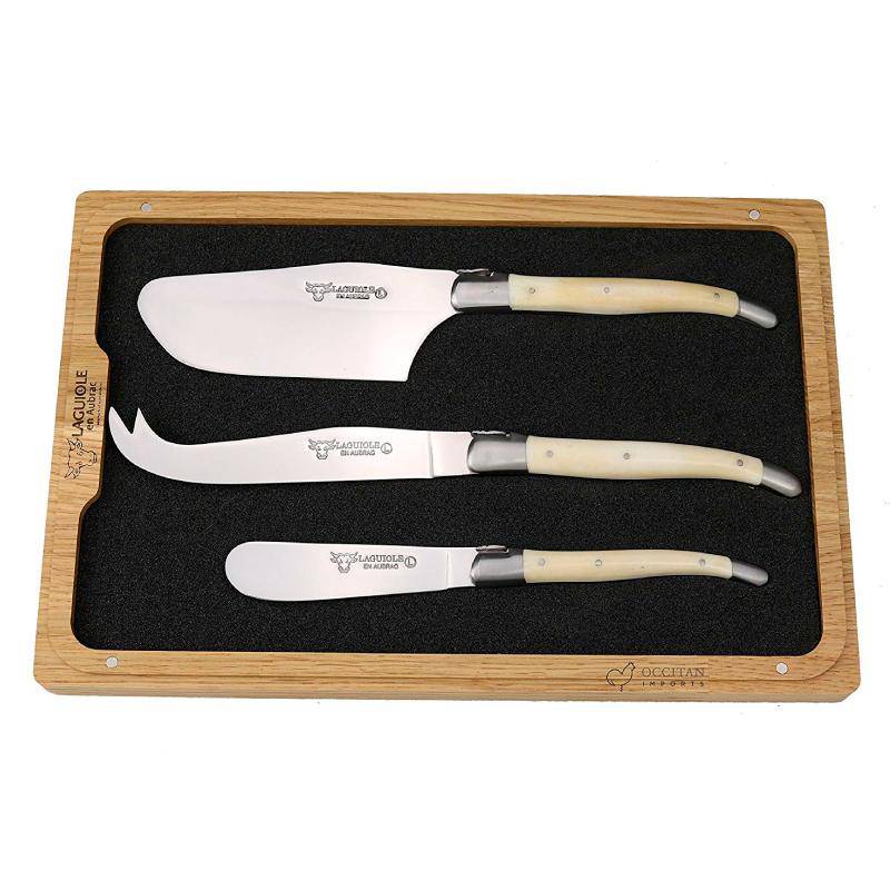 Laguiole en Aubrac Handcrafted 3-Piece Cheese Knife Set with Bone Handles