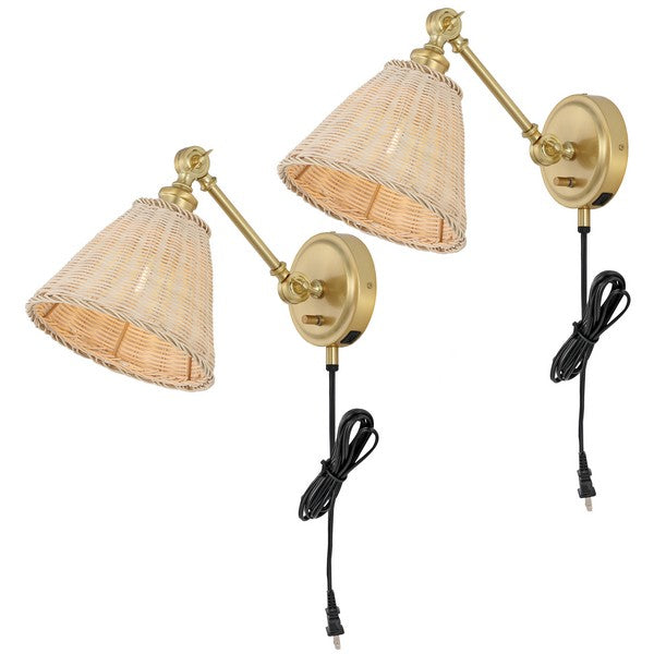 Oswynn Metal Wall Sconce in Brass with Rattan Shade (Set of 2)