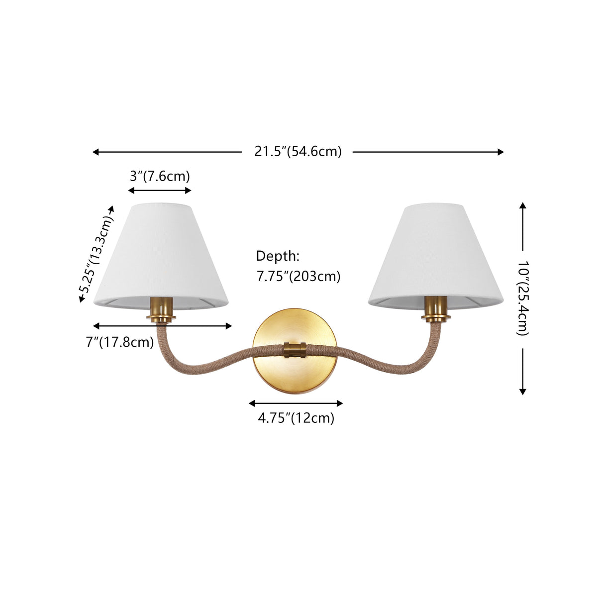Mara 2-Light Metal and Fabric Wall Sconce in Brass and White — 21.75″