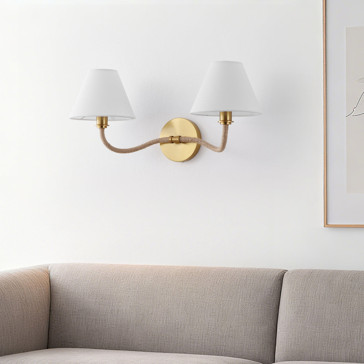 Mara 2-Light Metal and Fabric Wall Sconce in Brass and White — 21.75″