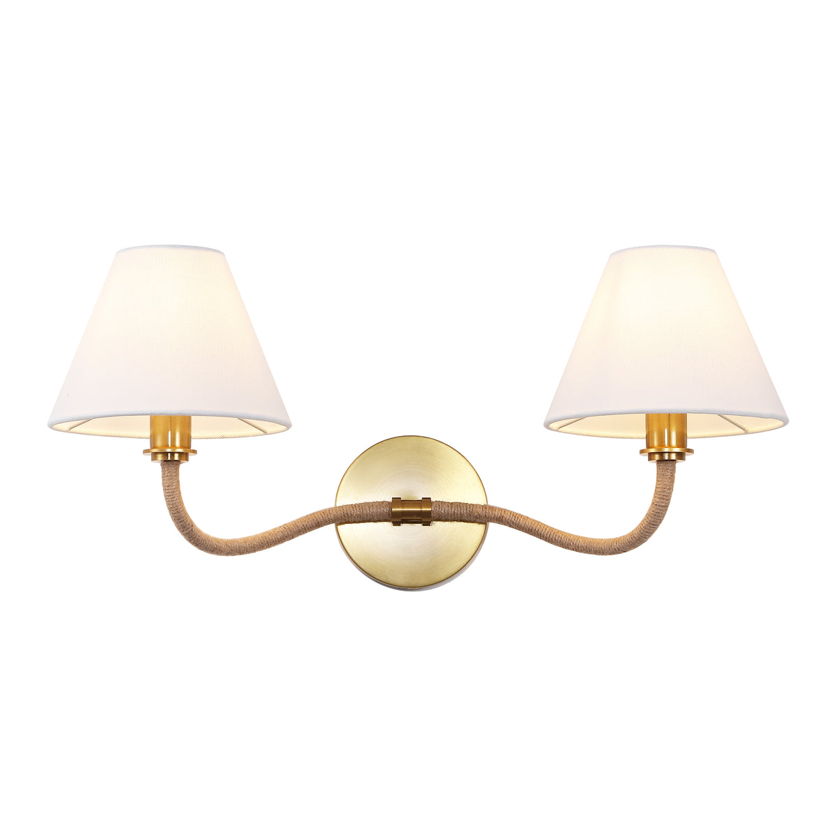 Mara 2-Light Metal and Fabric Wall Sconce in Brass and White — 21.75″