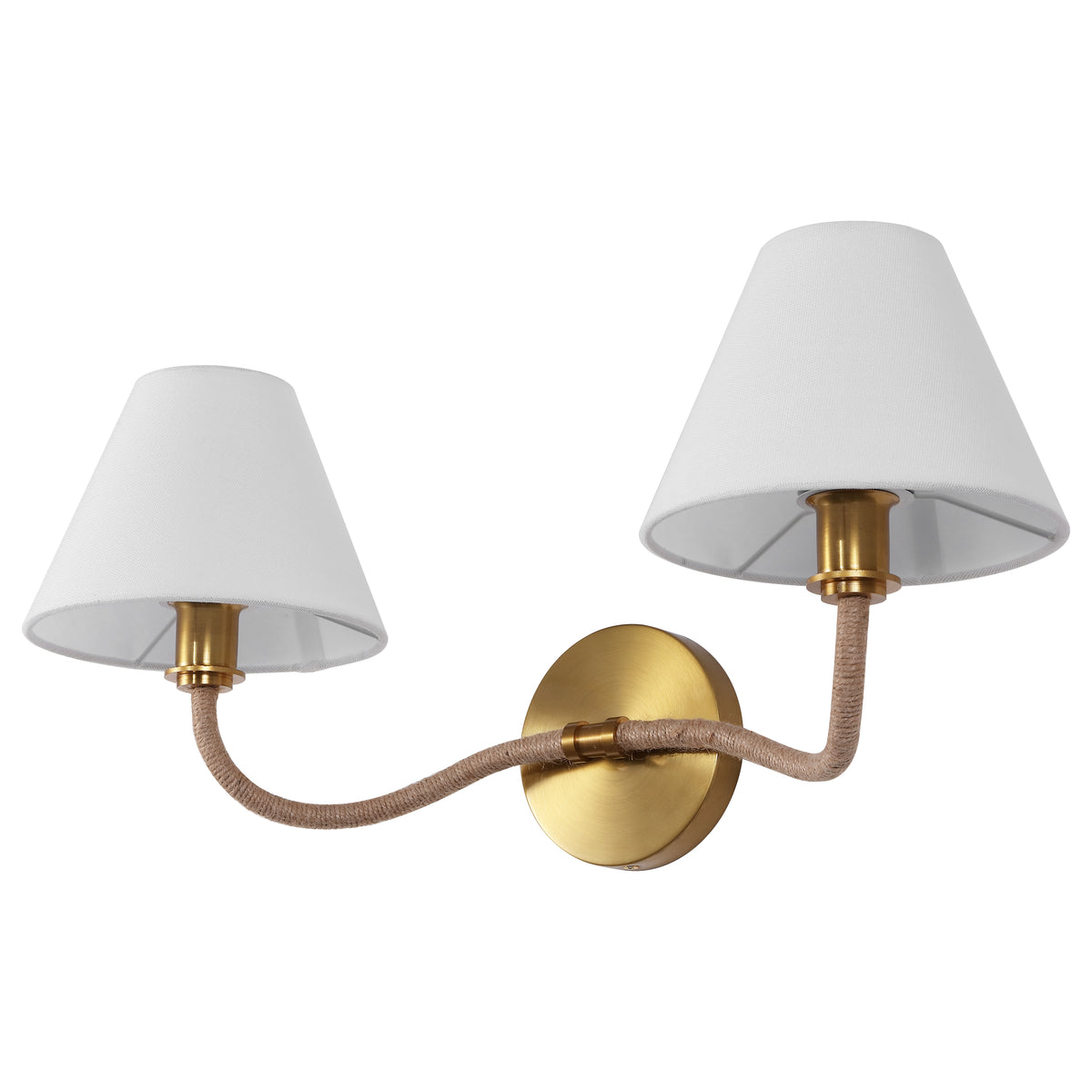 Mara 2-Light Metal and Fabric Wall Sconce in Brass and White — 21.75″