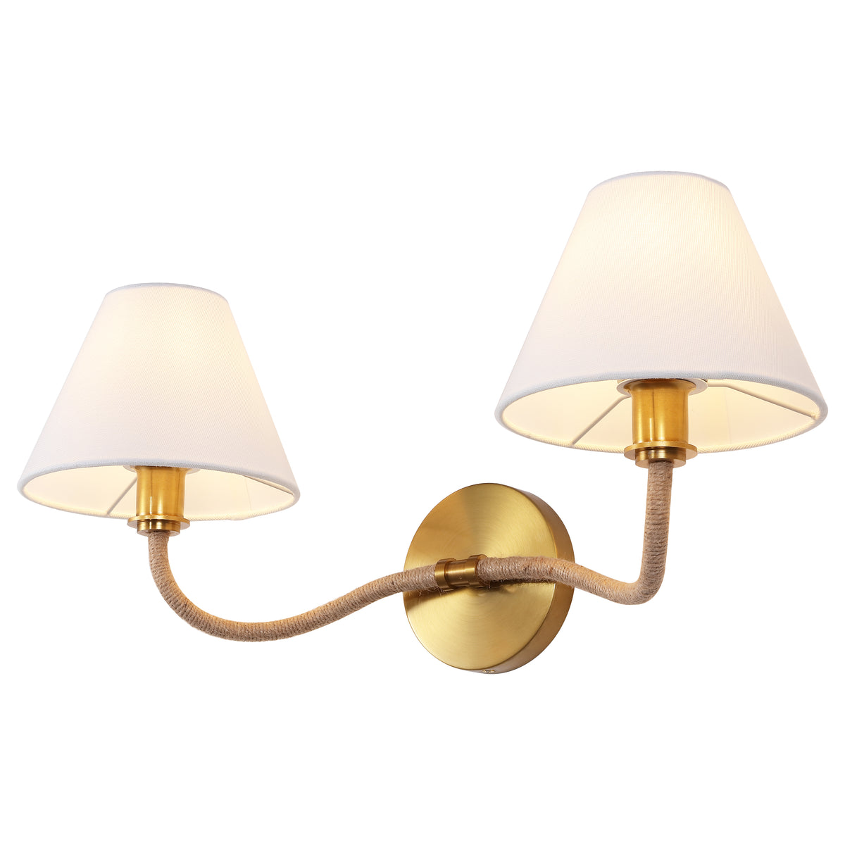 Mara 2-Light Metal and Fabric Wall Sconce in Brass and White — 21.75″