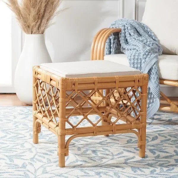Safavieh Larroux Honey White Rattan Ottoman W/ Cushion