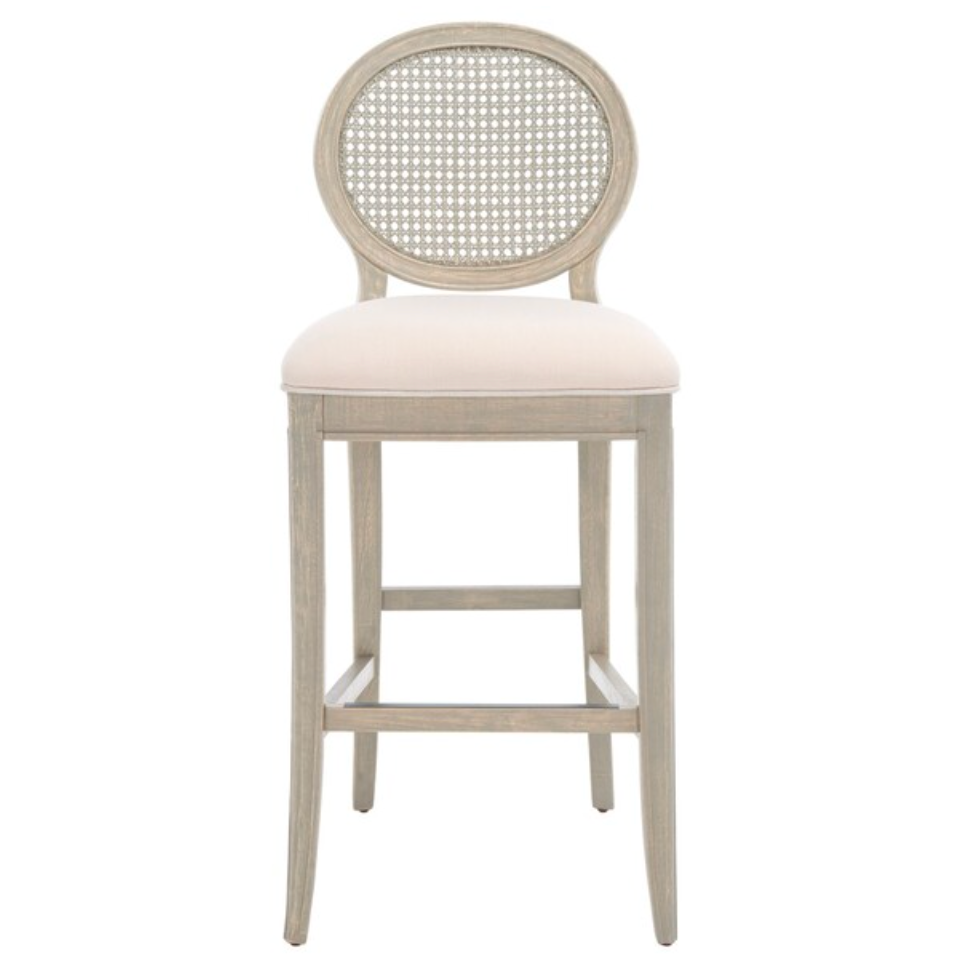 Karlee Rattan Bar Stool in Rustic Gray with Beige Upholstery (Set of 2)