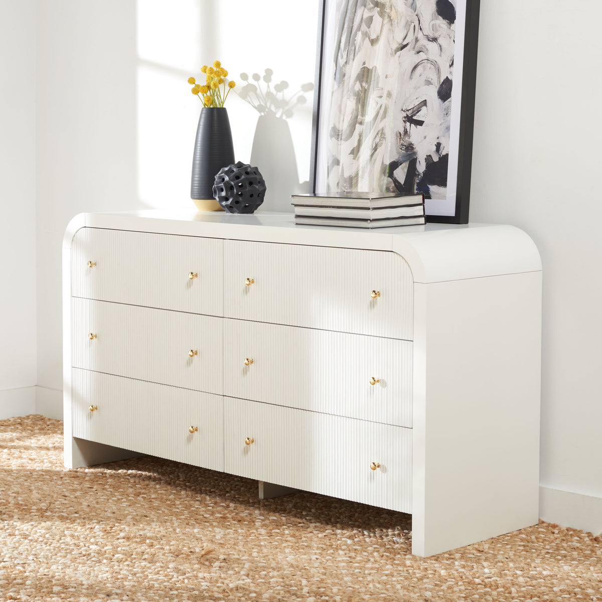 Liabella 6 Drawer Curved Dresser in White and Gold