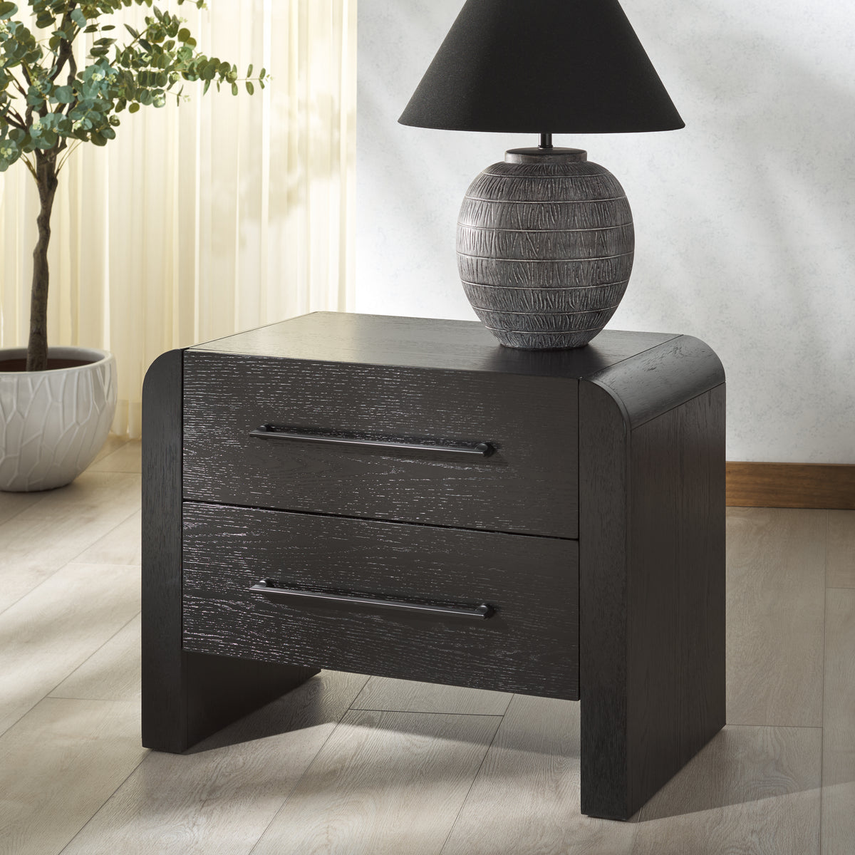 Katrina Wood 2 Drawer Nightstand in Black and Black