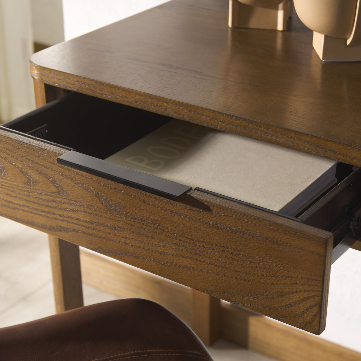 Gabrietta 2 Drawer Wood Desk in Medium Oak and Black