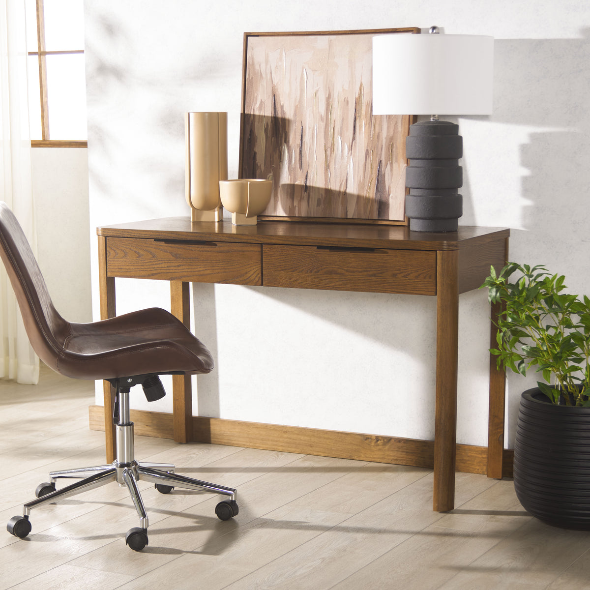 Gabrietta 2 Drawer Wood Desk in Medium Oak and Black