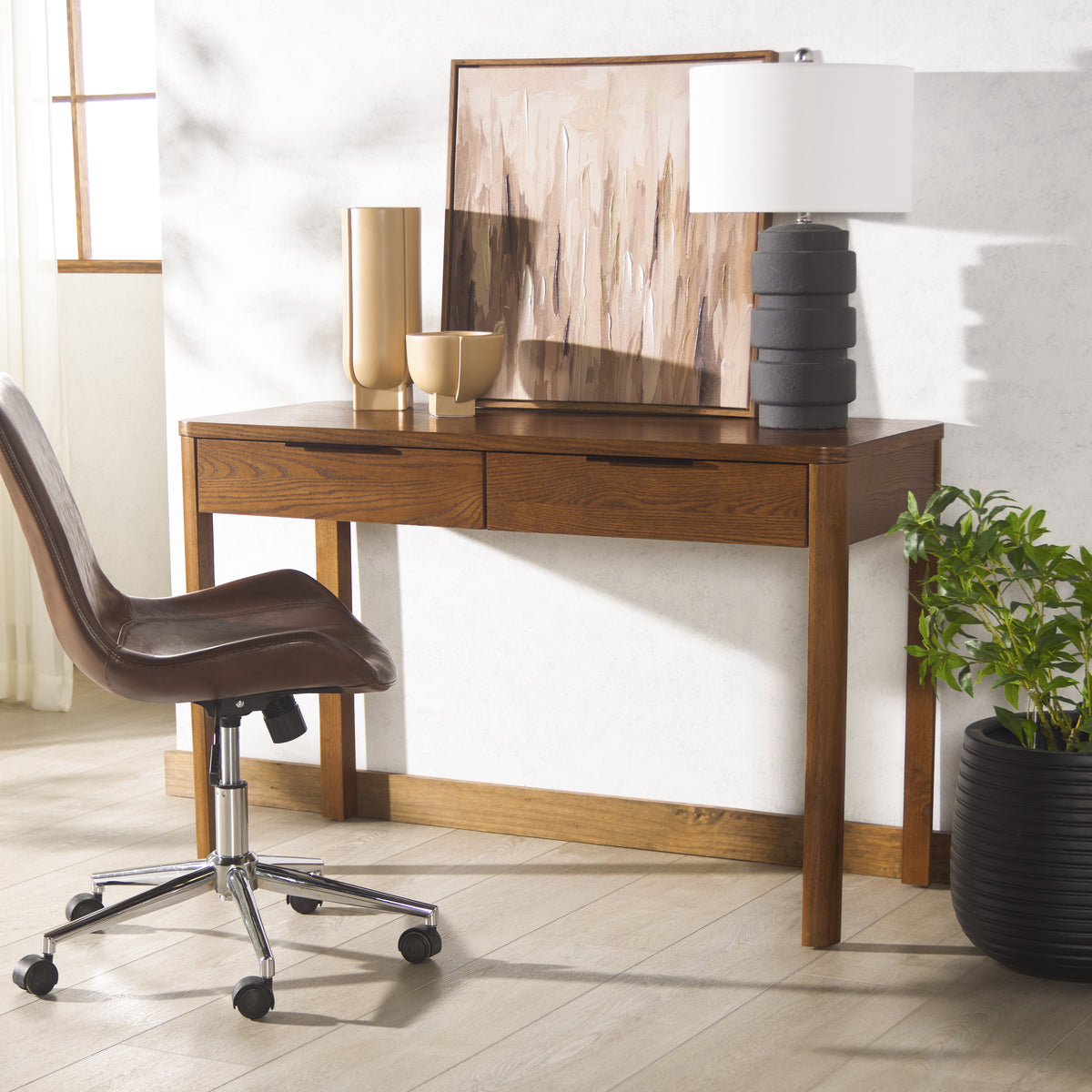 Gabrietta 2 Drawer Wood Desk in Medium Oak and Black