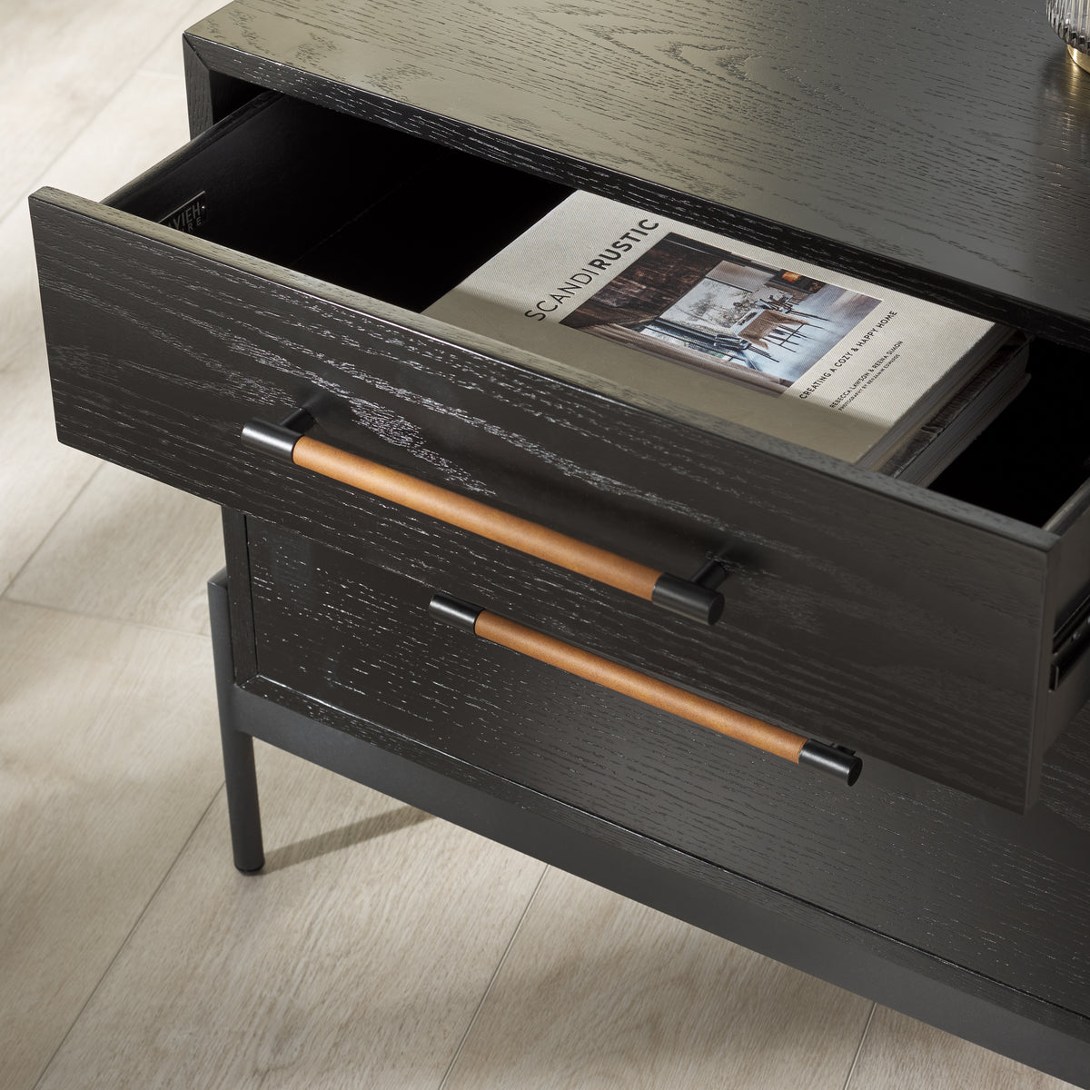 Chandri Vegan Leather Wrapped Handle Nightstand in Black and Brown