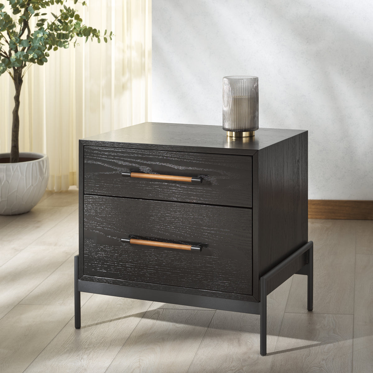 Chandri Vegan Leather Wrapped Handle Nightstand in Black and Brown