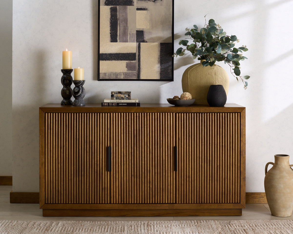 Shelbie 3 Door Reeded Sideboard And TV Stand in Medium Oak and Black