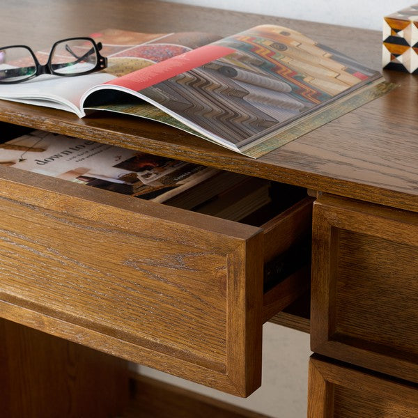 Zeus 7 Drawer Wood Desk in Medium Oak