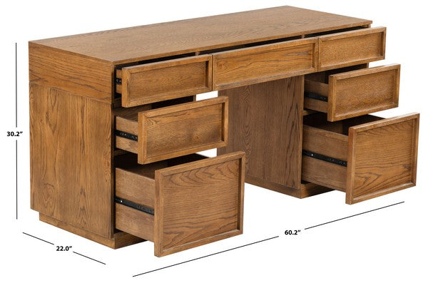 Zeus 7 Drawer Wood Desk in Medium Oak