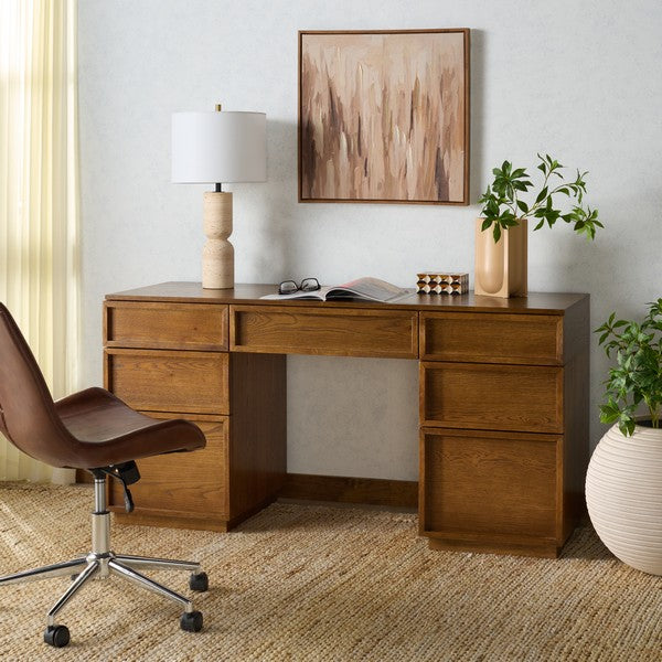 Zeus 7 Drawer Wood Desk in Medium Oak