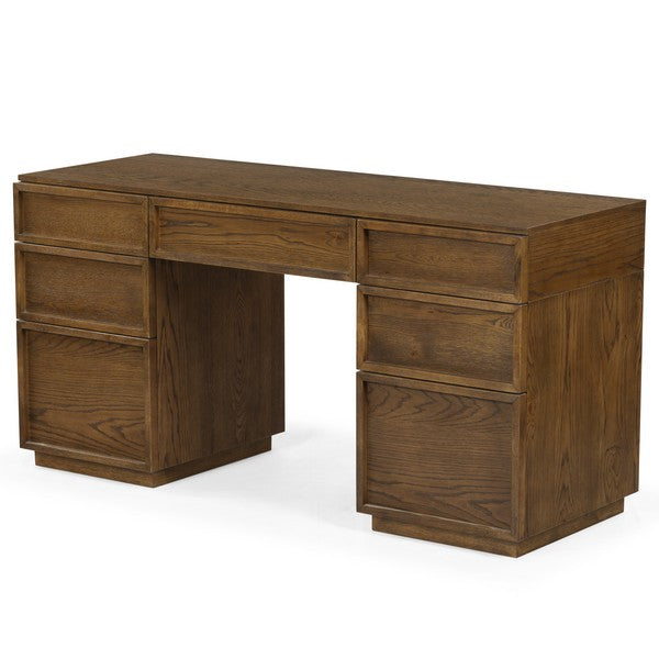 Zeus 7 Drawer Wood Desk in Medium Oak