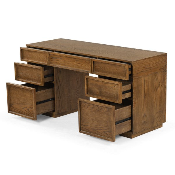 Zeus 7 Drawer Wood Desk in Medium Oak