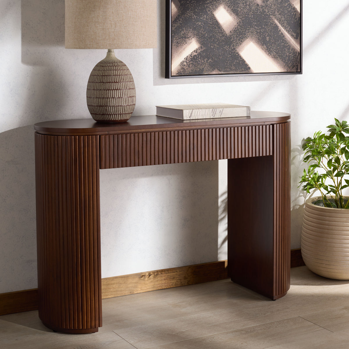 Rikki Fluted 1 Drawer Wood Console in Walnut