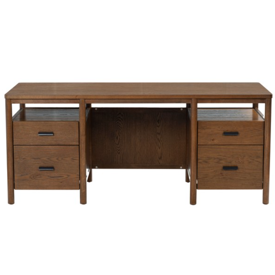 Jaylessa 4 Wood Drawer Desk in Medium Oak with Black Handles