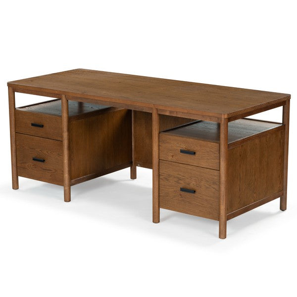 Jaylessa 4 Wood Drawer Desk in Medium Oak with Black Handles