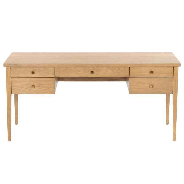 Makala 5 Drawer Wood Desk in Natural with Gold Knobs