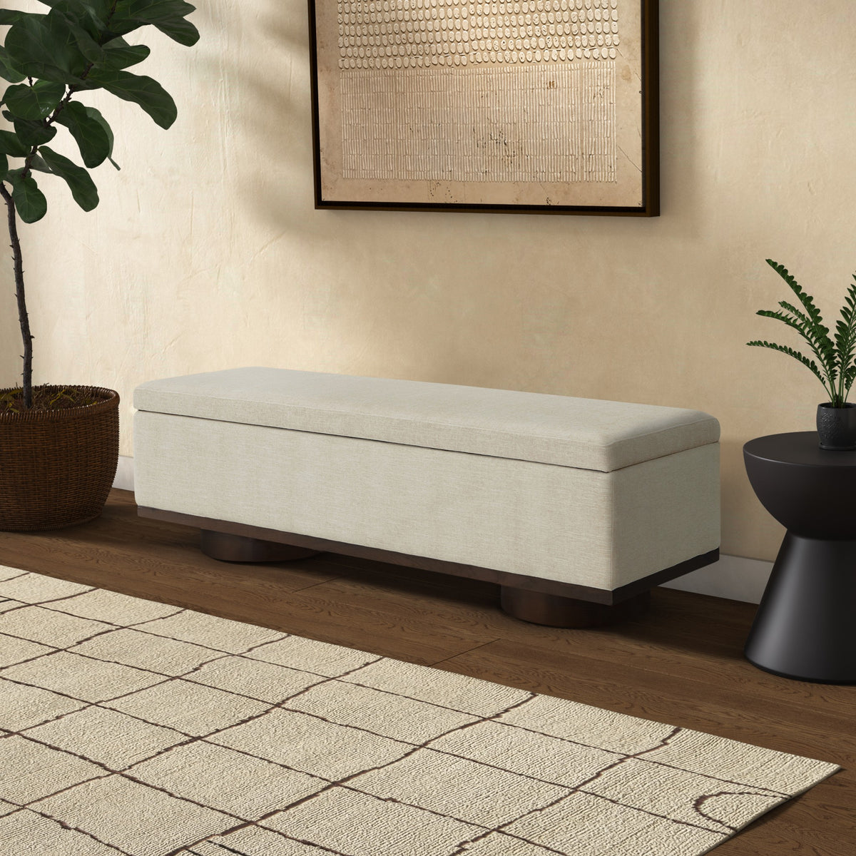 Vianna Linen Storage Bench in Beige and Walnut