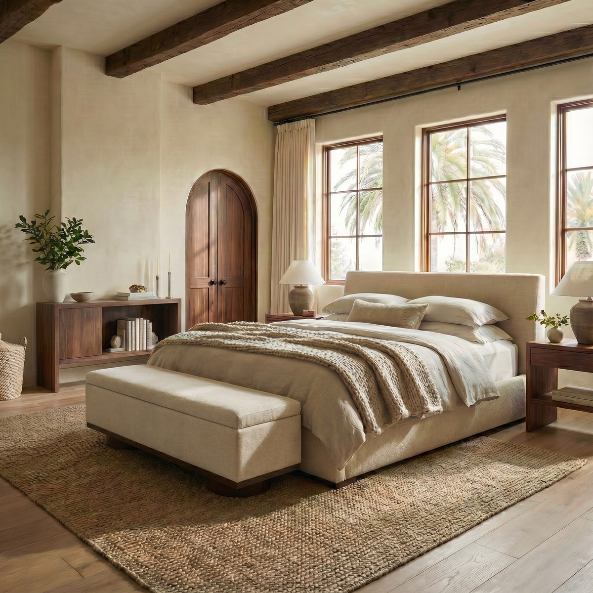 Vianna Linen Storage Bench in Beige and Walnut