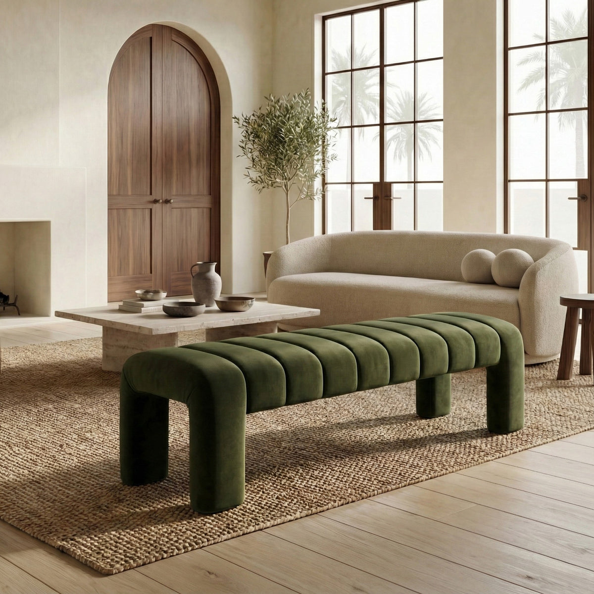 Bellisima Channel Tufted Bench in Forest Green