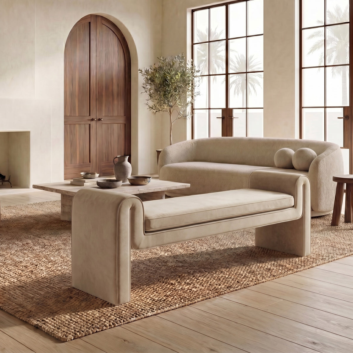 Garth Velvet Bench in Light Brown