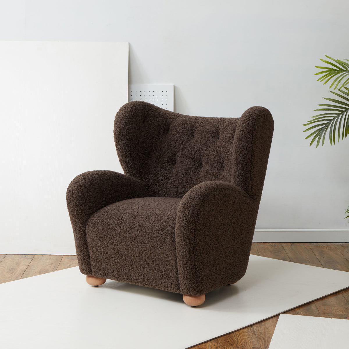 Galloway Wingback Teddy Accent Chair in Dark Brown and Natural