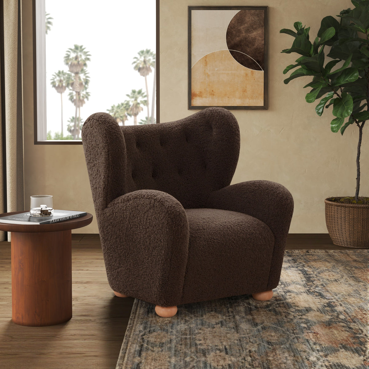 Galloway Wingback Teddy Accent Chair in Dark Brown and Natural