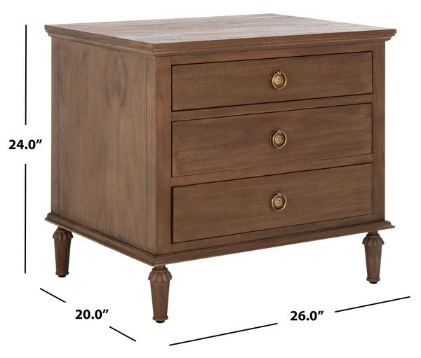 Lisabet 3 Drawer Wood Nightstand in Brown with Brass Ring Pulls