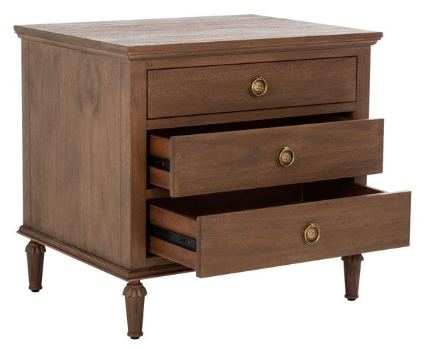 Lisabet 3 Drawer Wood Nightstand in Brown with Brass Ring Pulls