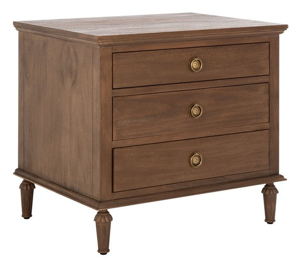 Lisabet 3 Drawer Wood Nightstand in Brown with Brass Ring Pulls