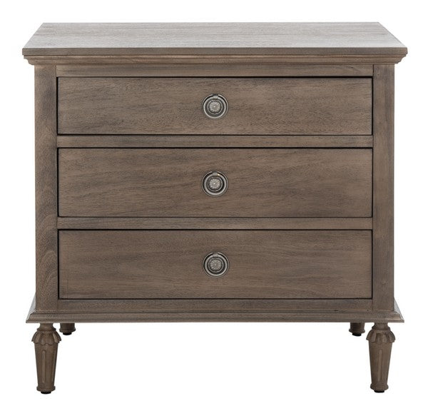 Lisabet 3 Drawer Wood Nightstand in Light Brown with Silver Ring Pulls